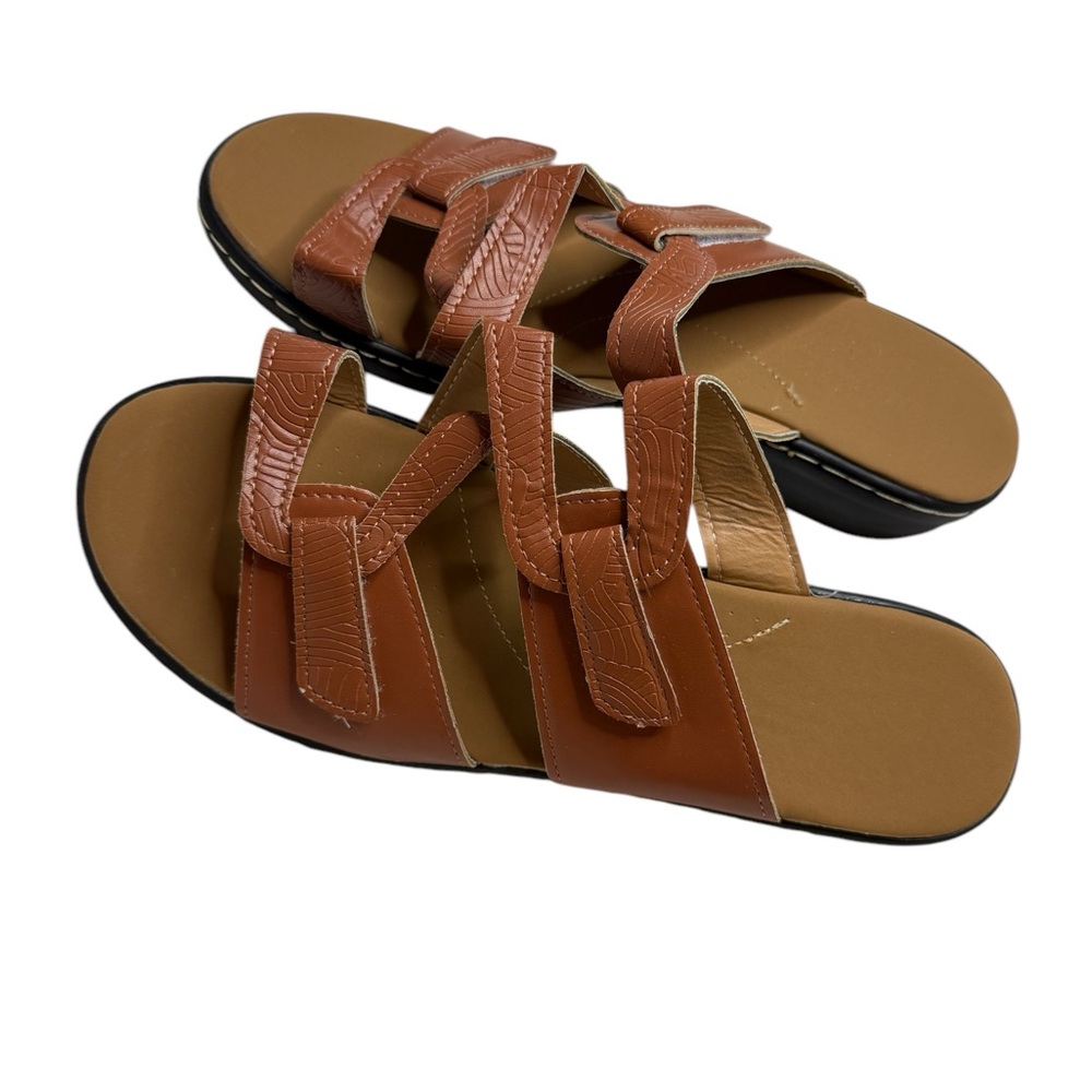 VELCRO ADJUSTS OPEN TOE SHOES SIZE 10” faux leather SOFT SLIP ON